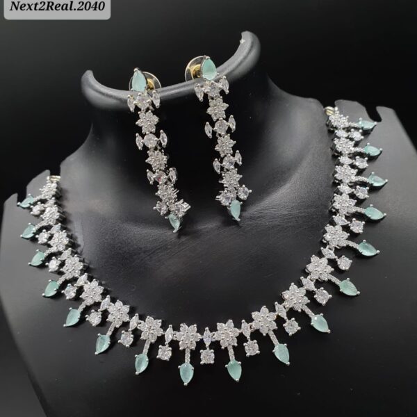 Necklace set Full Silver Plated white with round Marquies artificial diamond and pears light firoza stone