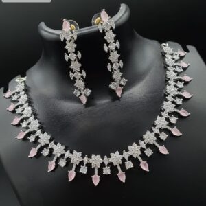 Necklace set Full Silver Plated white with round Marquies pears artificial diamond and light pink stone